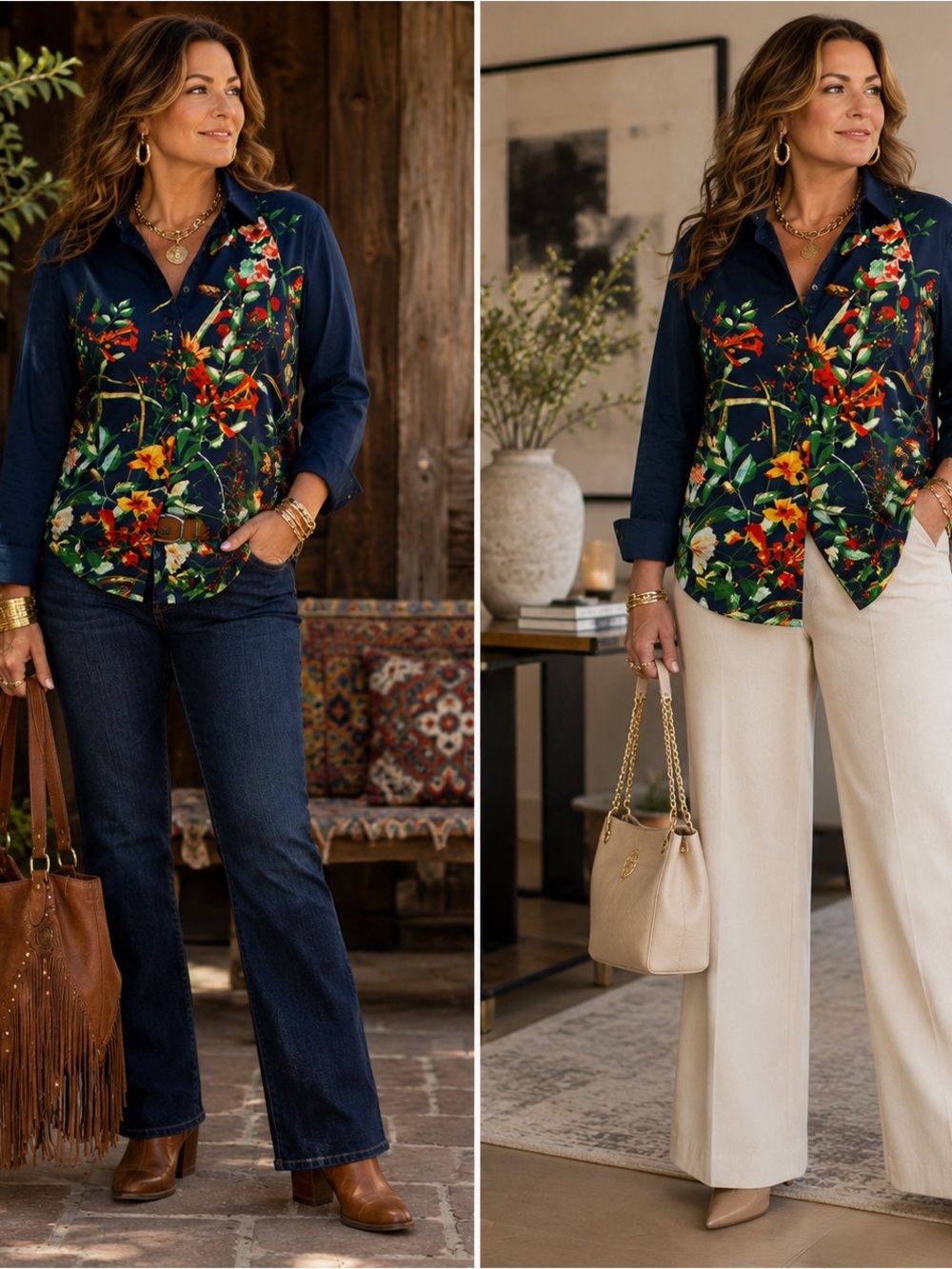 New York & Company 7th Avenue XL Tall Navy Floral Button Down Shirt